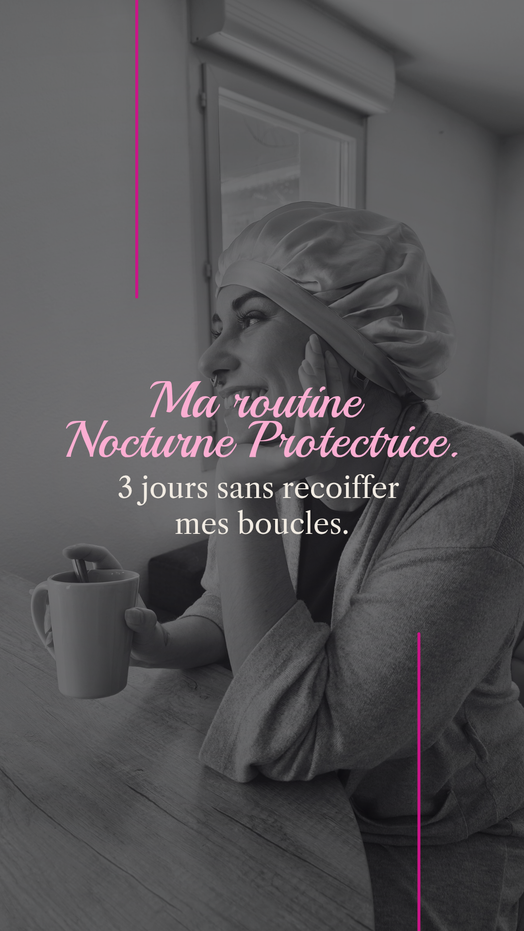 Photo lifestyle montrant l’utilisation du chouchou soie avec un bonnet en soie pour une routine nocturne protectrice et élégante.