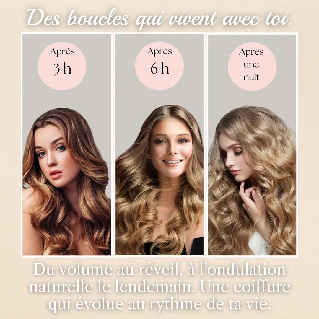 Résultat des boucles obtenues avec les bigoudis sans chaleur Wild Hair Therapy – tenue des boucles après plusieurs heures sans chaleur.