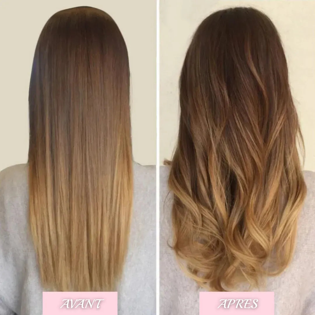 Avant après bigoudi cheveux longs – transformation brushing wavy sans chaleur.