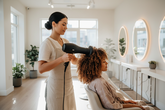 Coiffeuse séchant des cheveux bouclés avec un sèche-cheveux diffuseur pour obtenir des boucles définies sans les abîmer