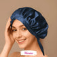 Bonnet en soie bleu nuit sur fond blanc, accessoire capillaire protecteur pour cheveux texturés