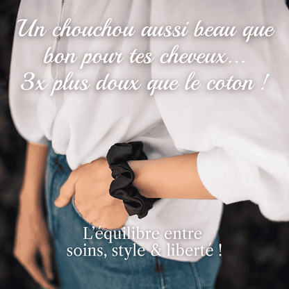 Chouchou soie noir – élastique luxe anti-casse cheveux fragiles