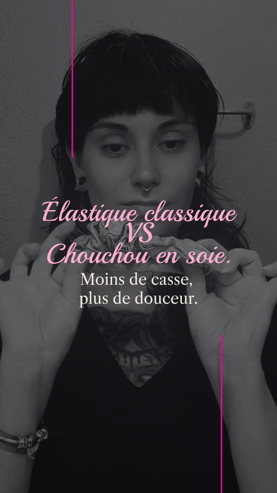 Photo couverture démonstration chouchou soie anti-casse comparé à un élastique classique.