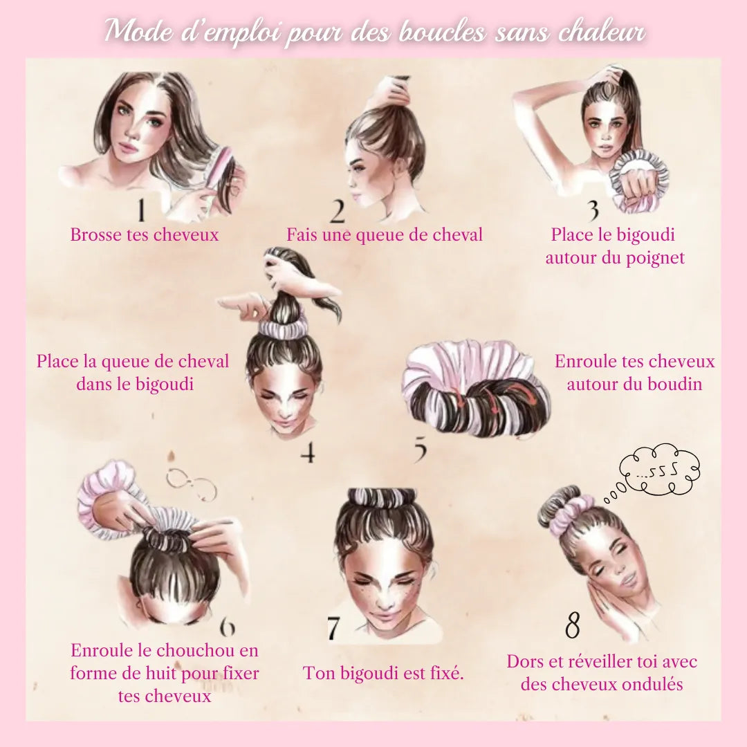 Mode d’emploi bigoudi sans chaleur – tutoriel boucles sans chaleur, coiffage facile en 8 étapes.