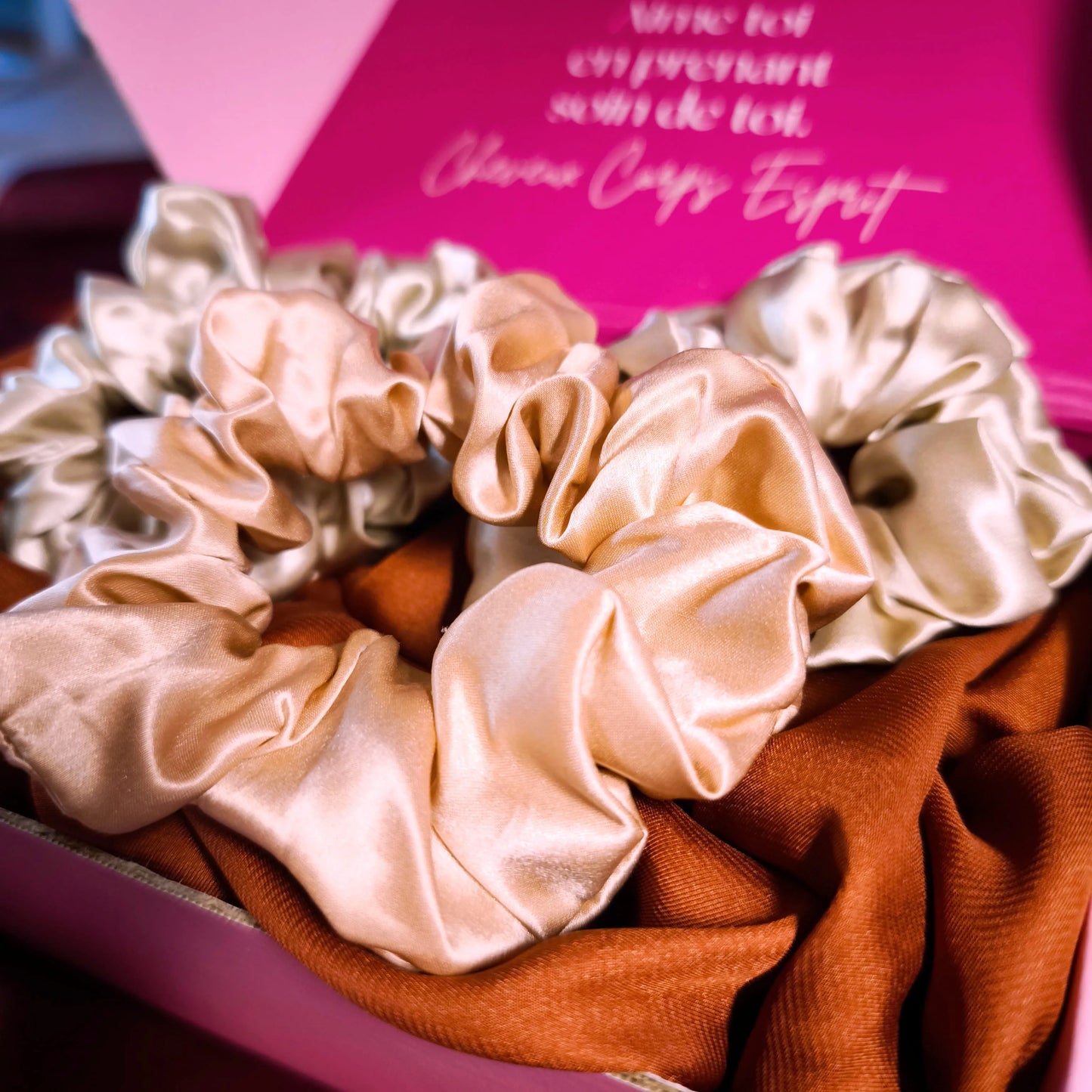 Chouchous soie – élastique cheveux premium anti-frisottis dans leur packaging