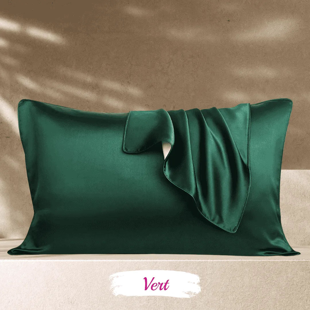 Taie d’oreiller en soie verte 25 mommes bicolore, format enveloppe sans zip pour routine capillaire