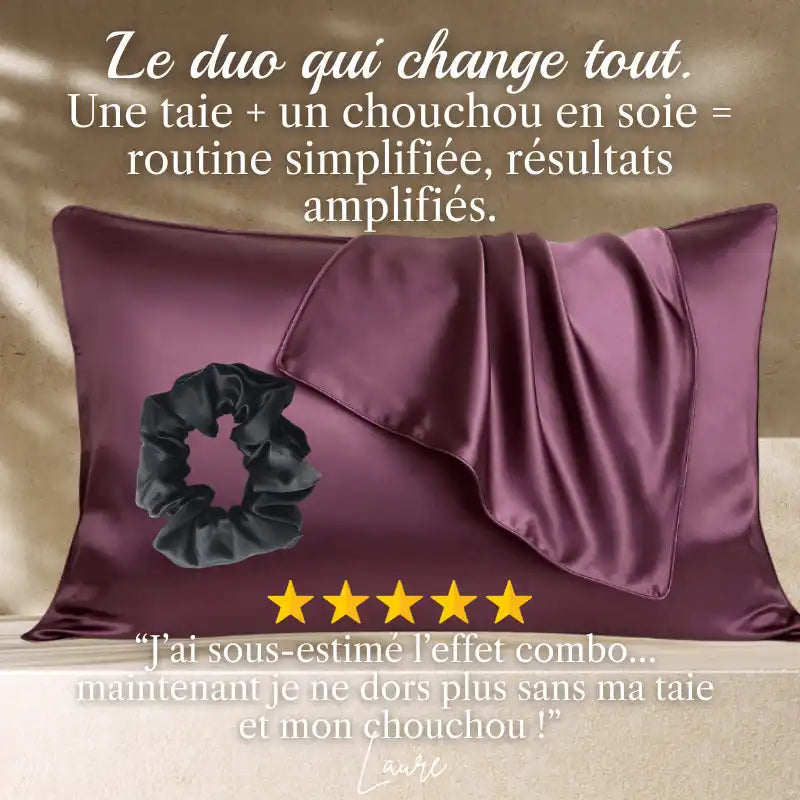Coffret découverte soie avec taie d’oreiller en soie pourpre et chouchou en soie noirs – pack cheveux anti-casse