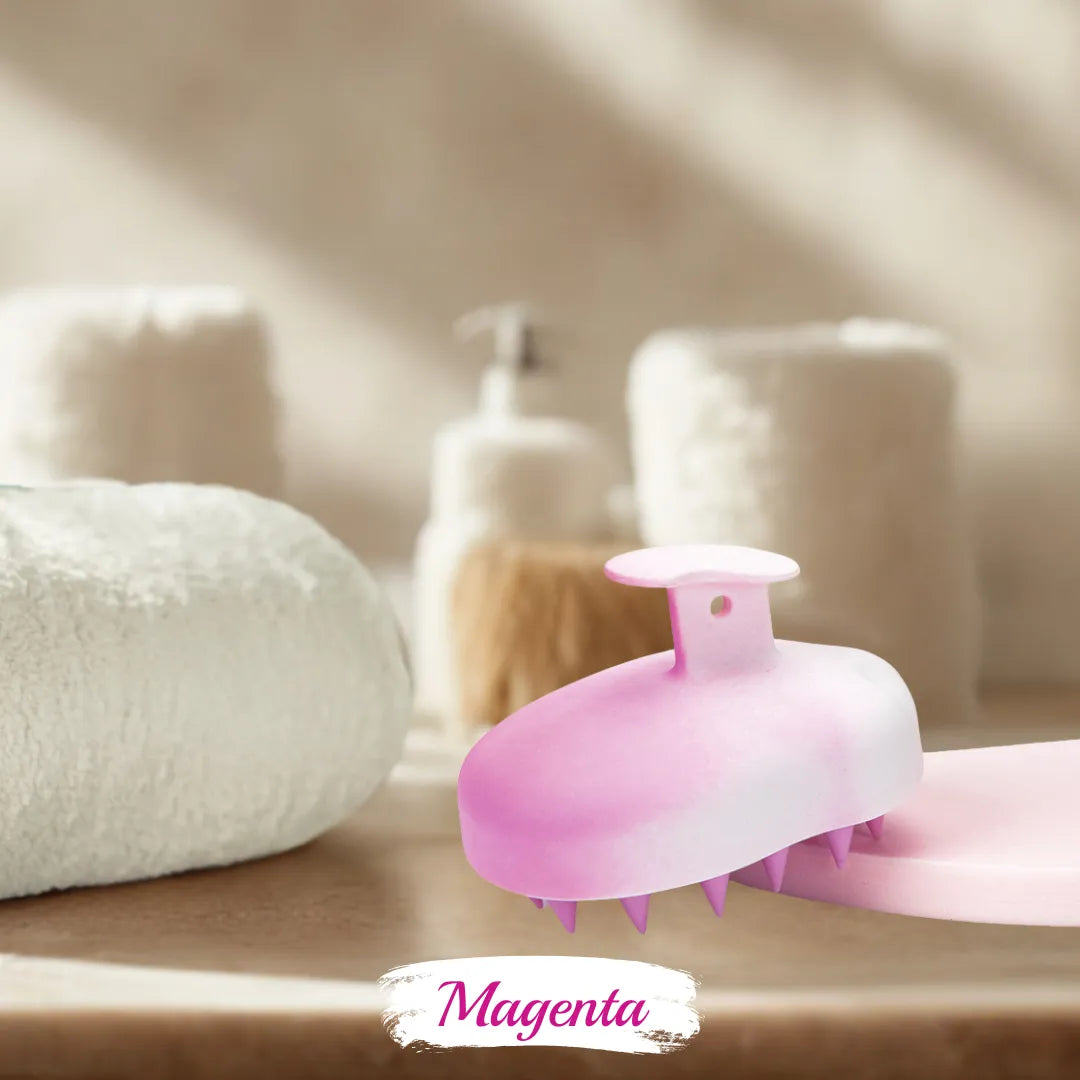 Brosse stimulante cuir chevelu ergonomique  magenta avec picots en silicone souple - massage bien-être et anti-chute
